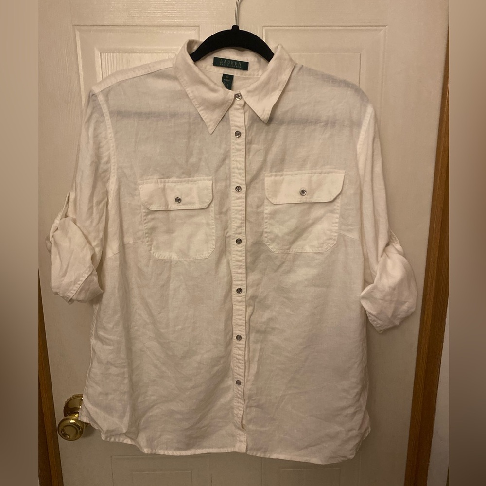 Lauren Ralph Lauren White Linen Shirt with Roll Tab Sleeves